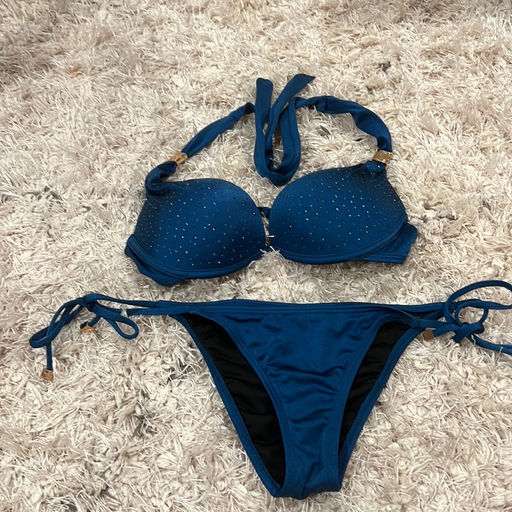 Victoria’s Secret Dark Blue Rhinestone Bikini 32C Top - Small Bottoms